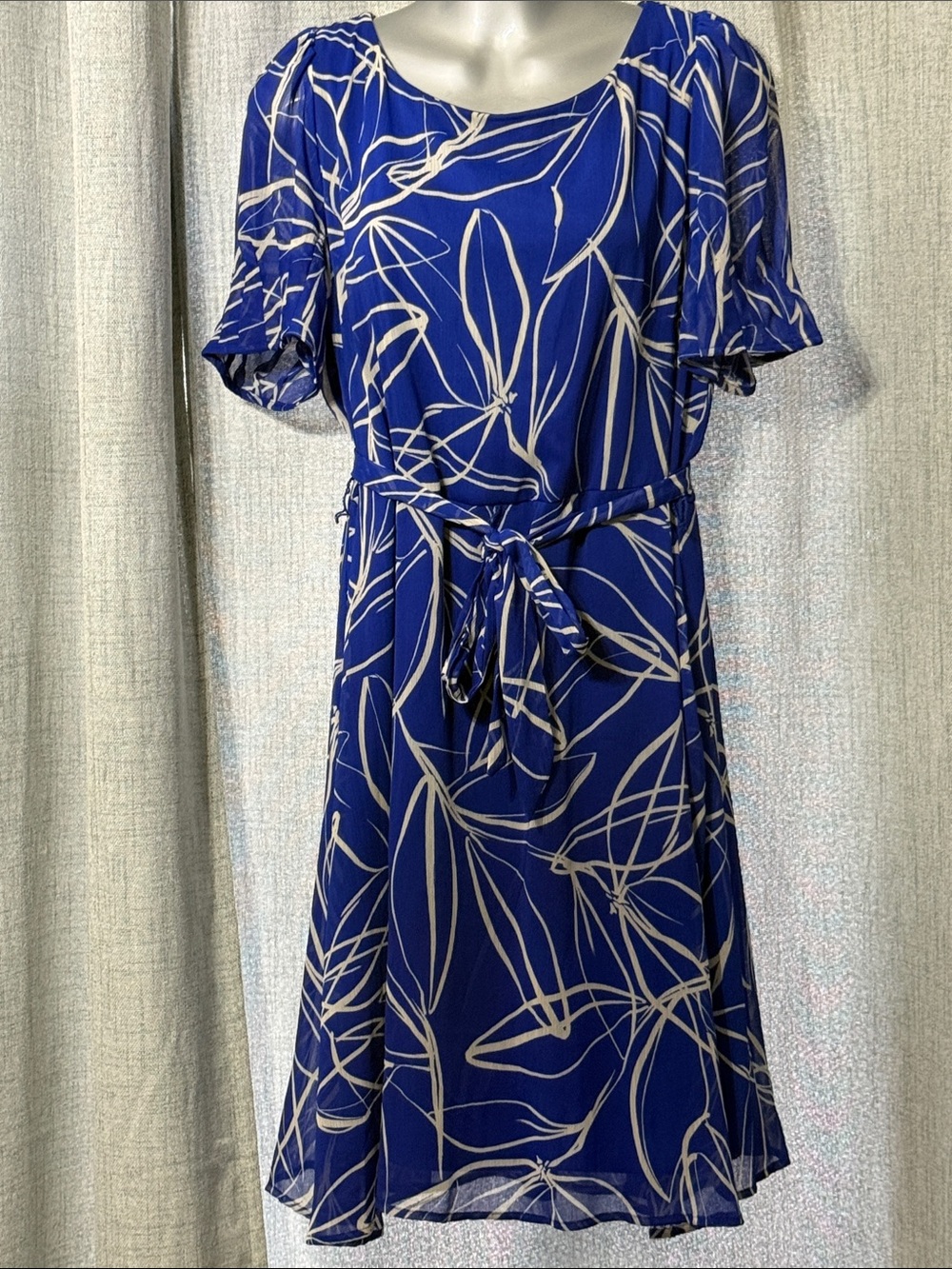 Dkny Cobalt Blue and White Abstract Floral Tie-Waist Midi Dress